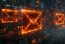 Digital image of glowing orange email icons amidst code and data streams.
