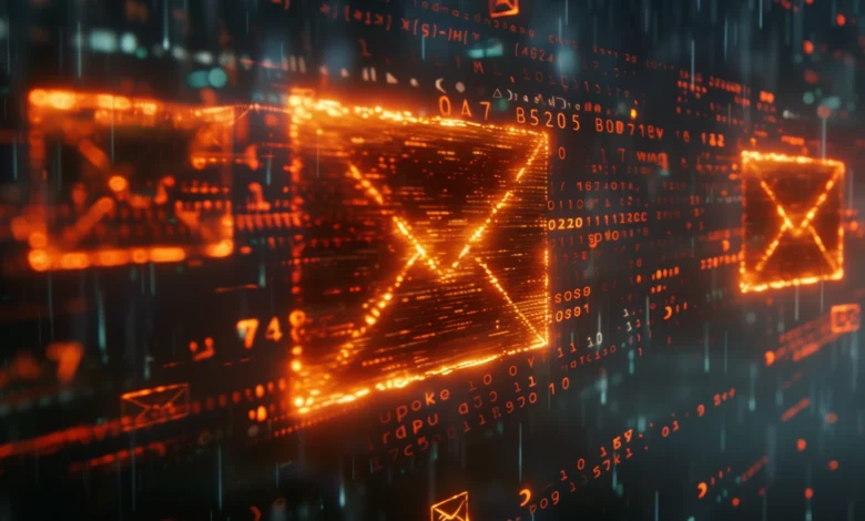 Digital image of glowing orange email icons amidst code and data streams.