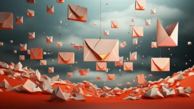 Abstract image of floating email envelopes and geometric shapes.