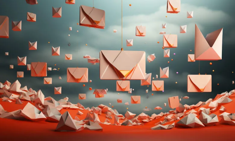 Abstract image of floating email envelopes and geometric shapes.