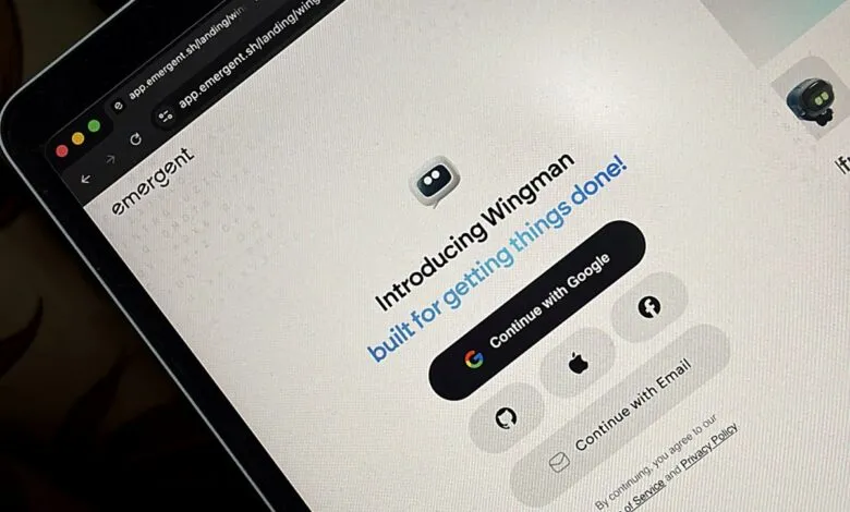 Emergent Wingman login page with options to continue with Google, Apple, Facebook, Github, or Email.