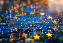 Digital map of Europe with golden stars, representing technology and connection.