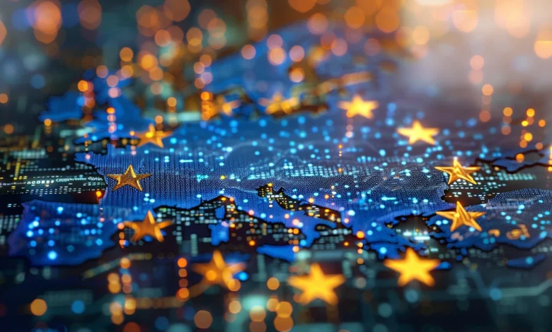 Digital map of Europe with golden stars, representing technology and connection.