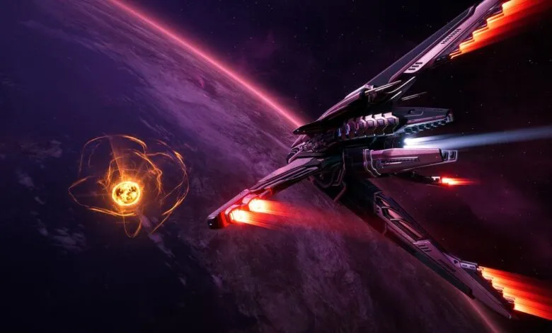 Sleek spaceship flies past a planet and energy source in deep space.