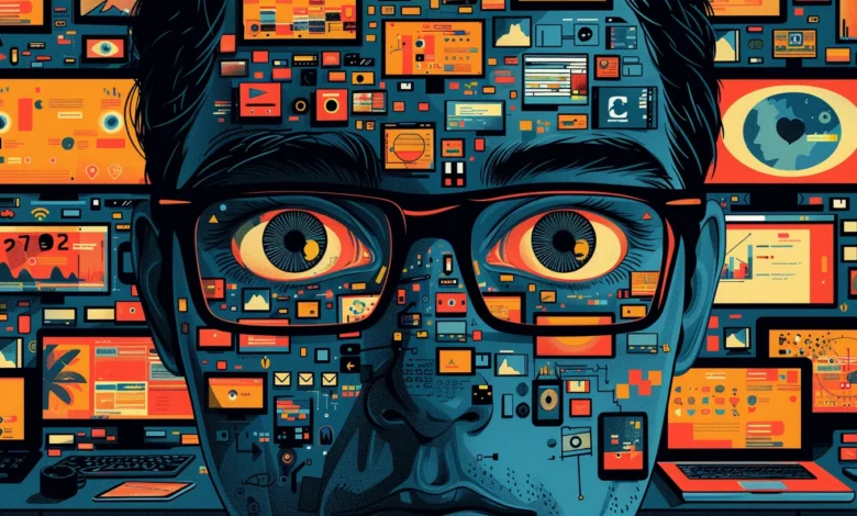 Person's face overlaid with screens, data, and digital icons, creating a tech-focused visual.