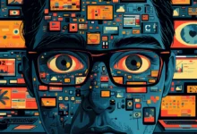 Close-up of a person's face surrounded by screens and digital icons.
