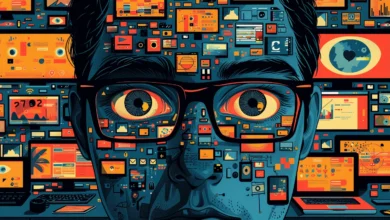 Close-up of a person's face surrounded by screens and digital icons.