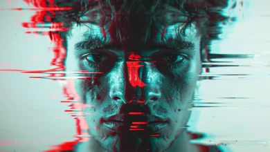 Close-up of a man's face with a glitch effect, red and blue tones.