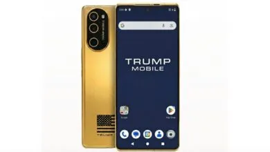 Gold 'Trump Mobile' phone with triple camera and American flag design.