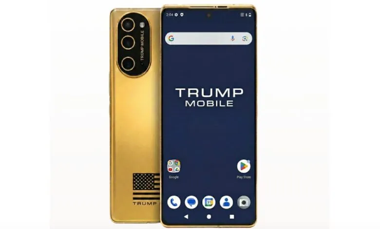 Gold 'Trump Mobile' phone with triple camera and American flag design.