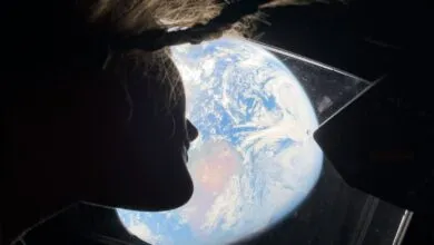 Silhouette of person gazing at Earth from spacecraft window.