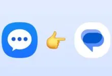 Two messaging app icons with a pointing hand emoji in between.
