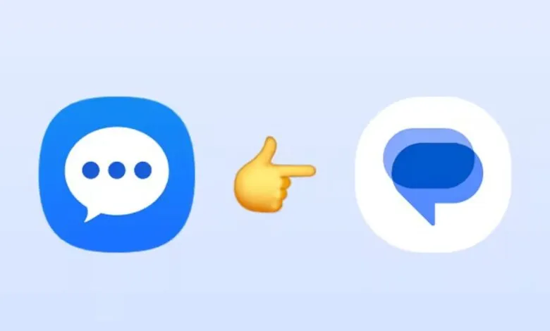 Two messaging app icons with a pointing hand emoji in between.