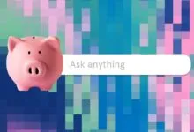 Pink piggy bank next to 'Ask anything' search bar on pixelated background.