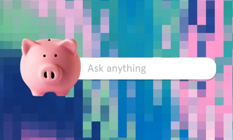 Pink piggy bank next to 'Ask anything' search bar on pixelated background.
