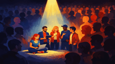 Group of diverse people in spotlight, one with laptop, surrounded by audience.