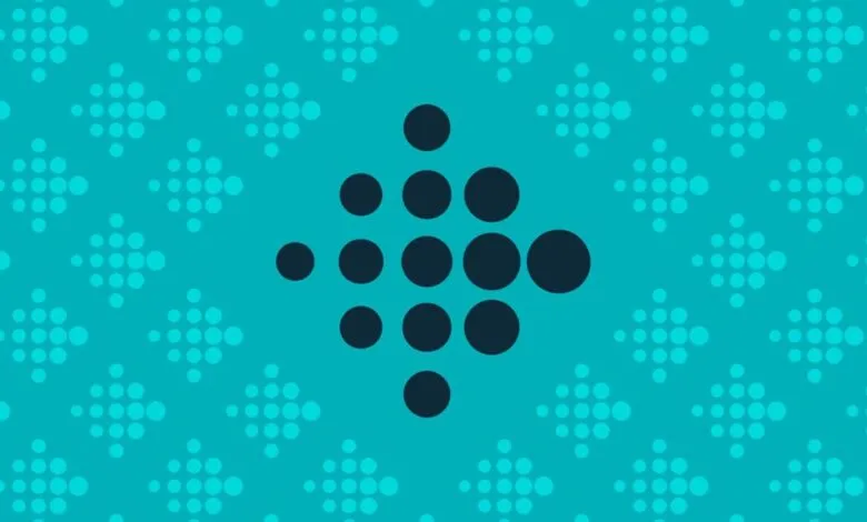 Fitbit logo on a teal background with a pattern of smaller Fitbit logos.