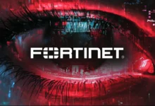 Fortinet logo overlaid on a stylized eye with a digital cityscape reflected within.
