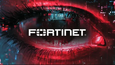Fortinet logo overlaid on a stylized eye with a digital cityscape reflected within.