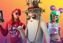 Fortnite characters Summer Fable, Peely, and Summer Skye pose against a vibrant gradient background.