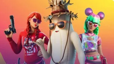 Fortnite characters Summer Fable, Peely, and Summer Skye pose against a vibrant gradient background.