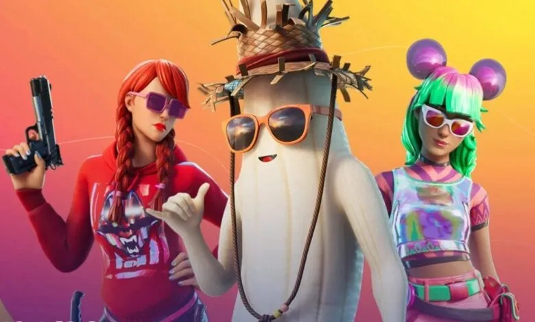 Fortnite characters Summer Fable, Peely, and Summer Skye pose against a vibrant gradient background.