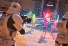 Fortnite Star Wars event: Stormtroopers face lightsaber-wielding characters.