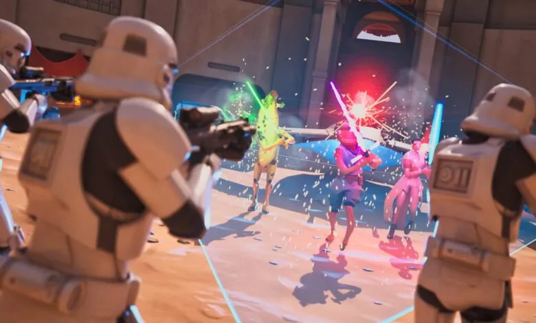 Fortnite Star Wars event: Stormtroopers face lightsaber-wielding characters.