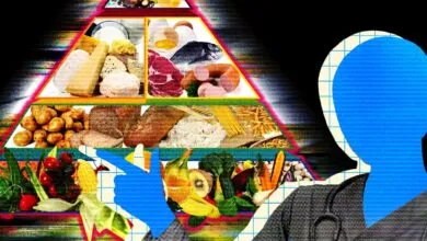 Food pyramid with doctor silhouette, emphasizing healthy eating.