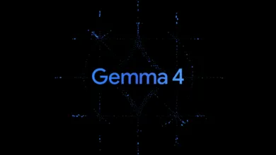 Gemma 4 text in blue on a black background with dotted lines.