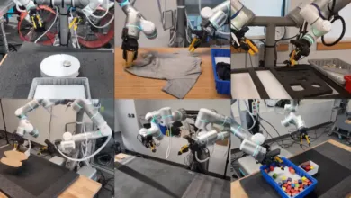 Collage of robotic arms performing various tasks in a lab setting.