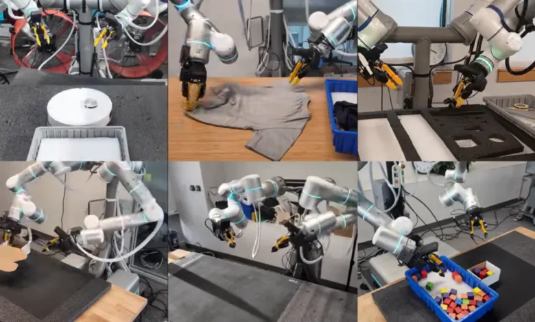 Collage of robotic arms performing various tasks in a lab setting.