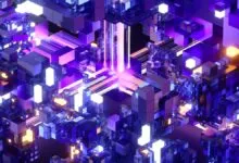 Abstract geometric design with purple, blue, and glowing white cubes.
