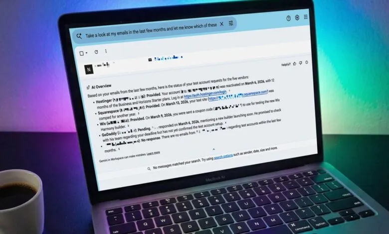 Laptop screen showing Gmail with AI overview of test account requests.