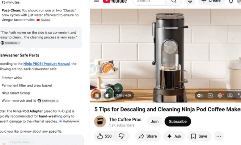 Screenshot of a YouTube video about cleaning a Ninja Pod coffee maker.