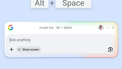 Google App desktop interface with search bar and share screen option.