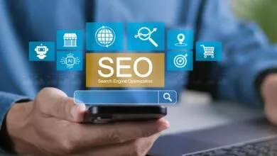 Person holding phone with SEO icons: robot, store, globe, chart, location, target, cart.