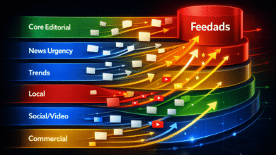 Diagram showing content pipelines flowing into 'Feedads' cylinder.