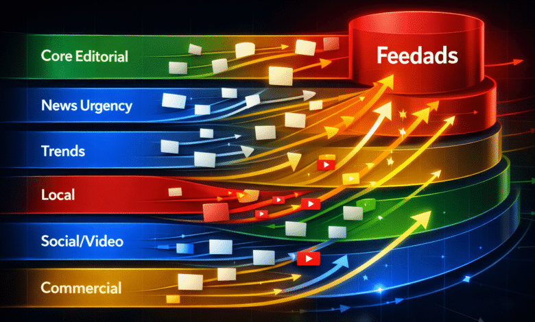 Diagram showing content pipelines flowing into 'Feedads' cylinder.