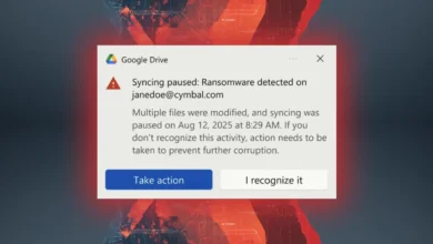 Google Drive alert: Syncing paused, ransomware detected on user account.