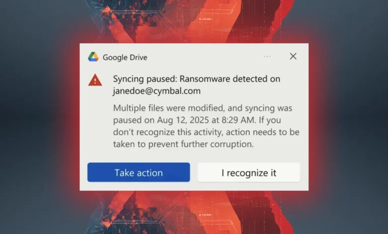 Google Drive alert: Syncing paused, ransomware detected on user account.