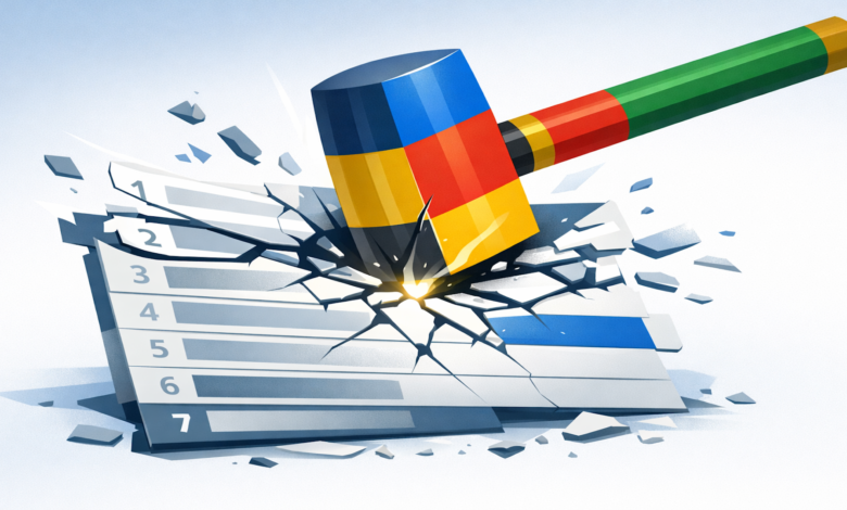 Hammer smashing a list with numbers, symbolizing the end of listicles.