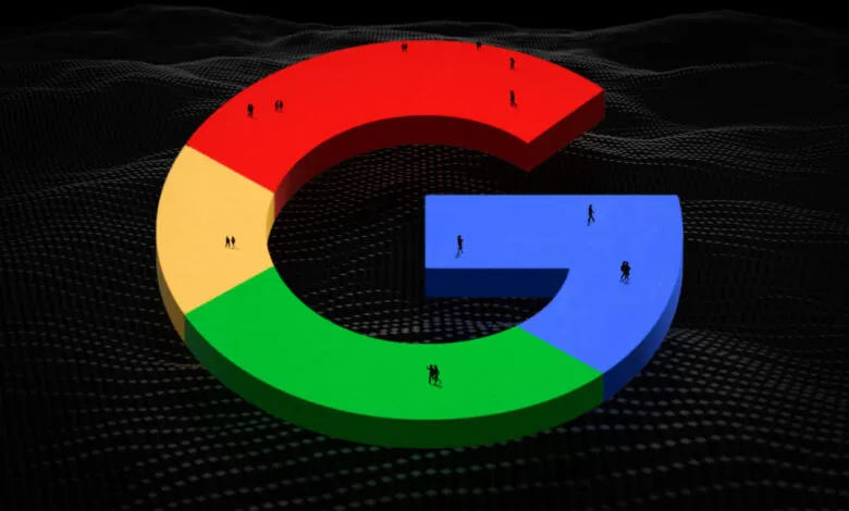 Google logo with tiny people standing on each color segment.