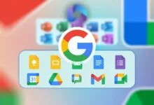 Google Workspace apps with blurred Microsoft 365 icons in background.