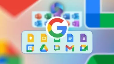 Google Workspace apps with blurred Microsoft 365 icons in background.