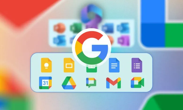 Google Workspace apps with blurred Microsoft 365 icons in background.