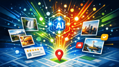 AI-powered map interface with photos, reviews, and location pin.