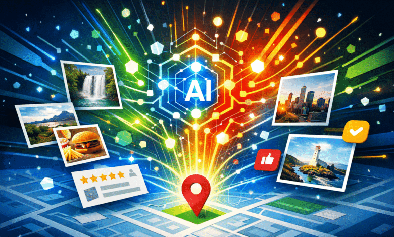AI-powered map interface with photos, reviews, and location pin.