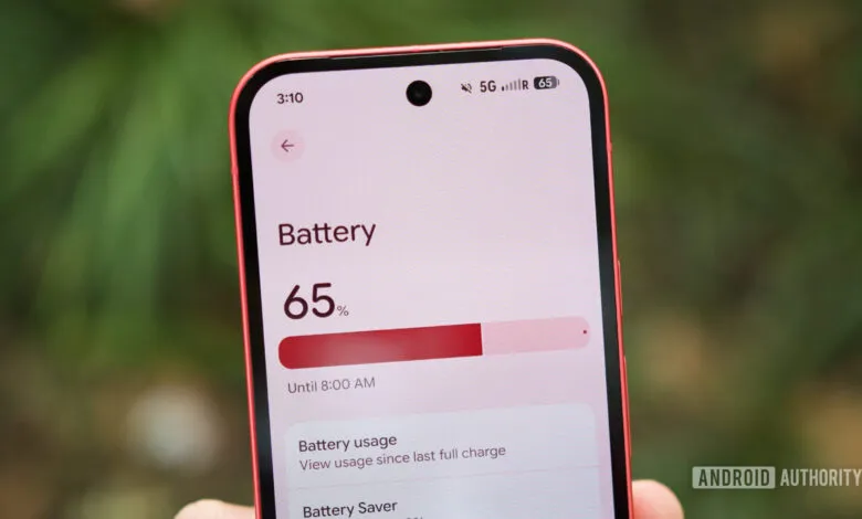 Smartphone screen displaying battery settings at 65% charge.