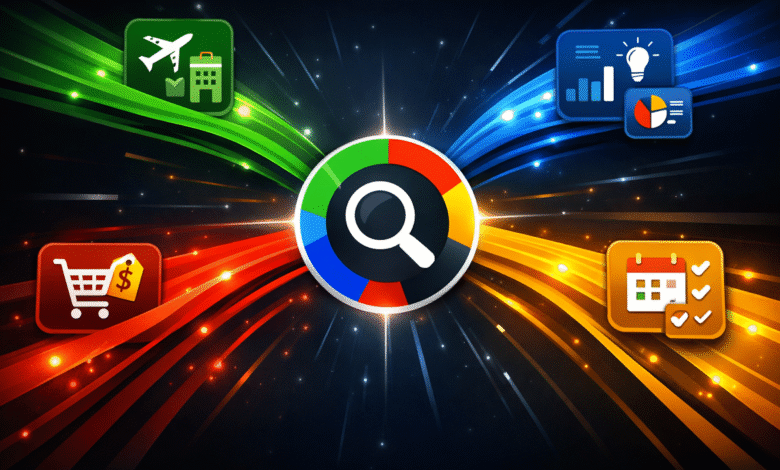Search icon surrounded by travel, shopping, data, and scheduling icons.